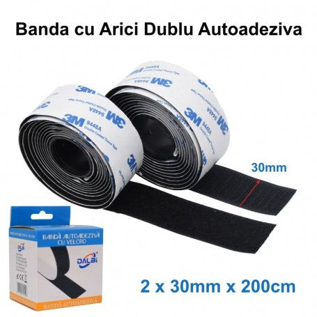 banda dubla cu arici autoadeziva 30mm x 200cm, set 2 bucati, fixare fara gauri
