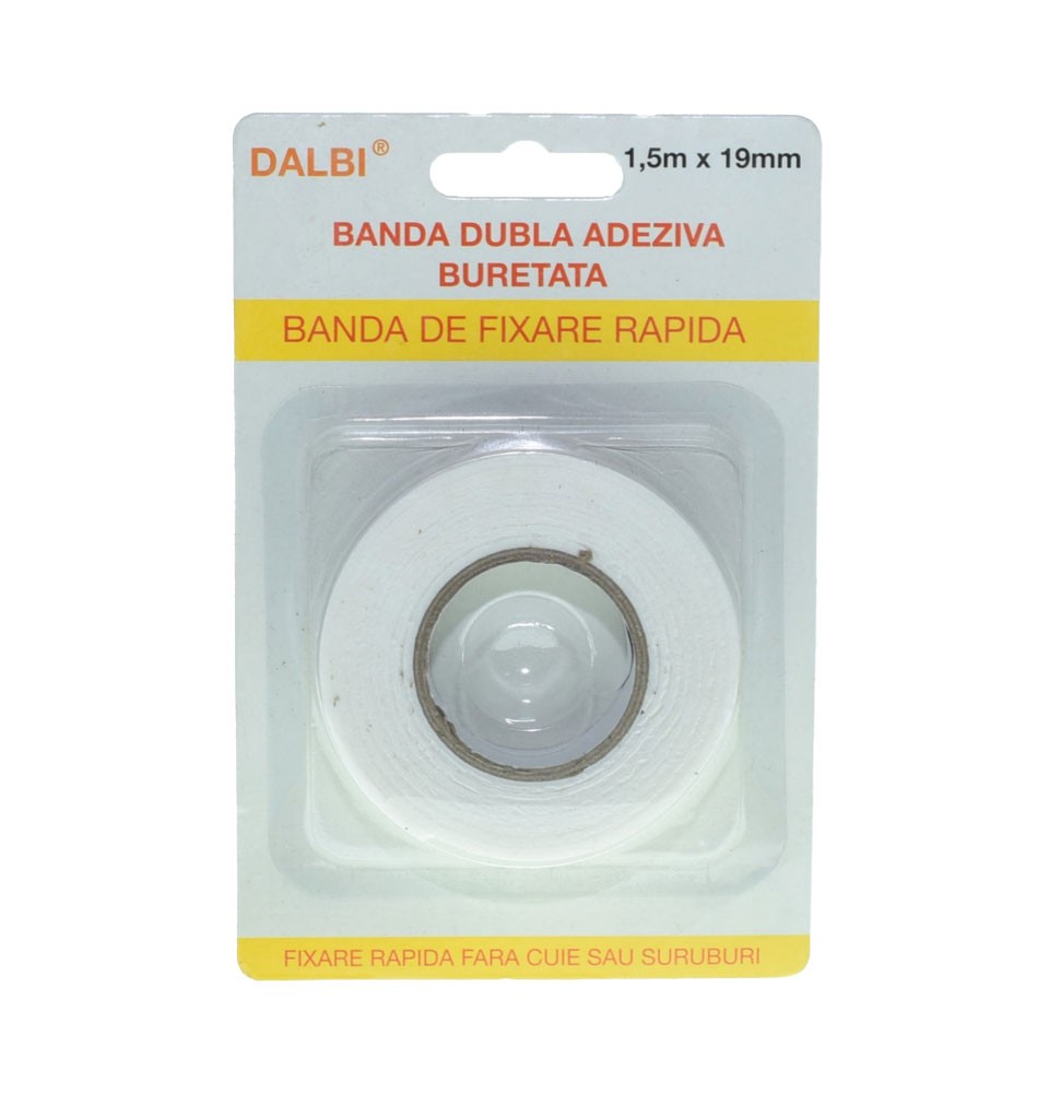 Banda dublu adeziva buretata in blister 19mm x 1,5m, fixare rapida fara cuie