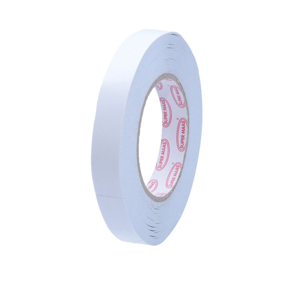 Banda dublu adeziva de hartie 18mm x 50m, grosime 90 microni, adeziv permanent, rola alba pe fond alb