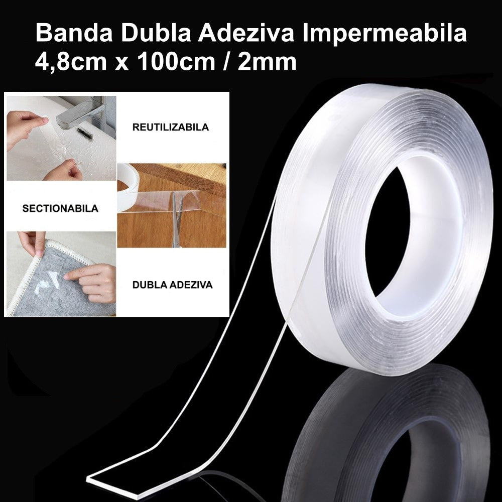 Banda dublu adeziva transparenta impermeabila reutilizabila, 4,8cm latime, 100cm lungime, grosime 2mm