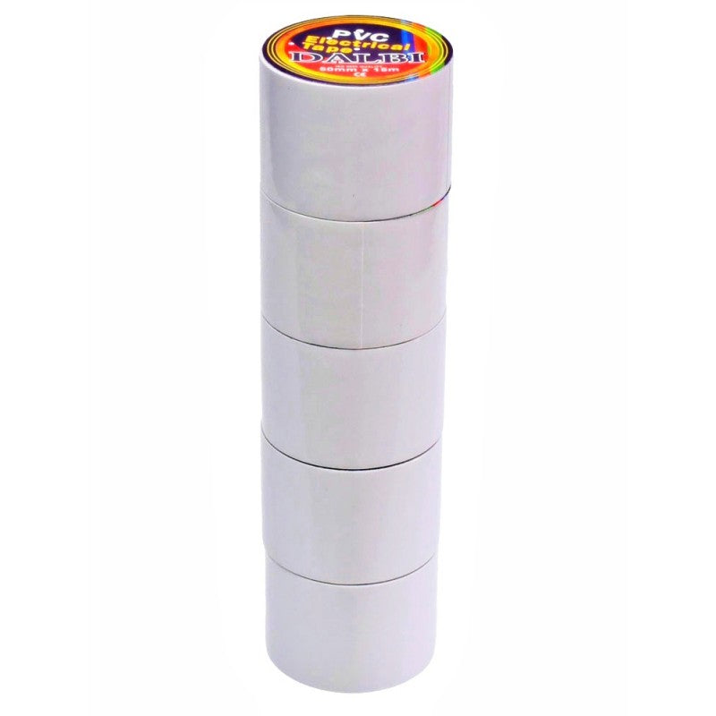Set 5 role banda izolatoare PVC alba 50mm x 15m, vedere frontala stivuite