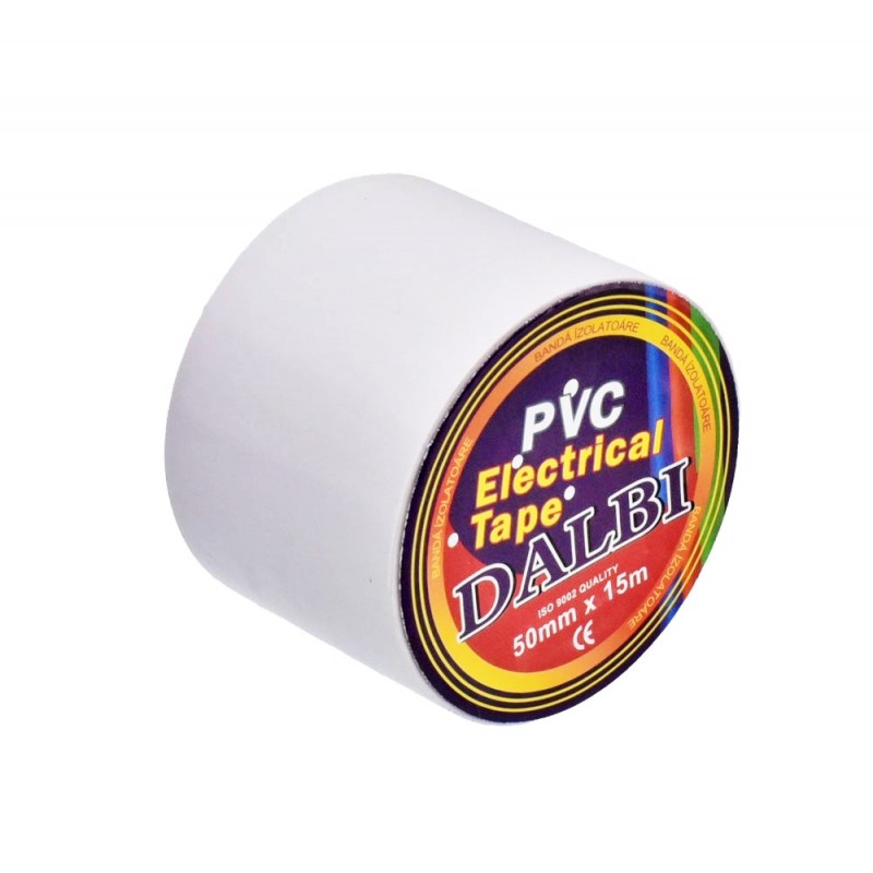 Banda izolatoare PVC alba 50mm x 15m, detaliu eticheta si latime rola