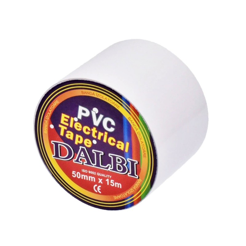 Banda izolatoare PVC alba 50mm x 15m, unghi lateral cu eticheta in prim-plan