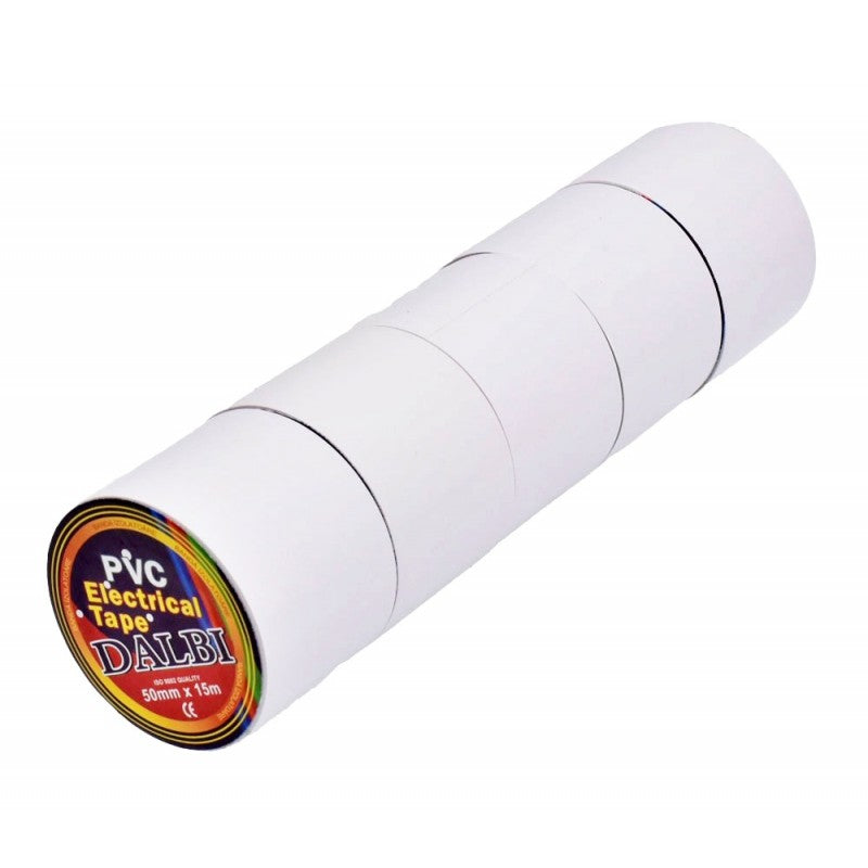 Set 5 role banda izolatoare PVC alba, latime 50mm, lungime 15m per rola, pentru instalatii electrice