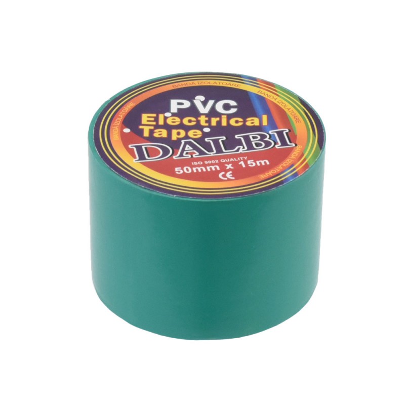 Rola banda izolatoare PVC verde 50mm, detaliu eticheta frontala