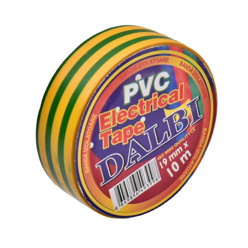 Banda izolatoare PVC galben-verde vazuta din lateral, 19mm latime, 10m lungime