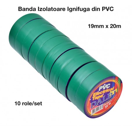 Banda izolatoare PVC verde ignifuga 19mm x 20m, set 10 role, pentru instalatii electrice