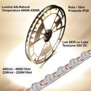 Banda LED 2835 cu lupa 24V IP20, 22W/ml, lumina alb-neutra 4500K, rola 10m cu 48 LED/metru