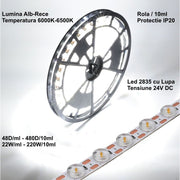 Banda LED 2835 cu lupa 24V, 220W/10m, IP20, lumina alb-rece 6500K, rola 10 metri cu detaliu lentile