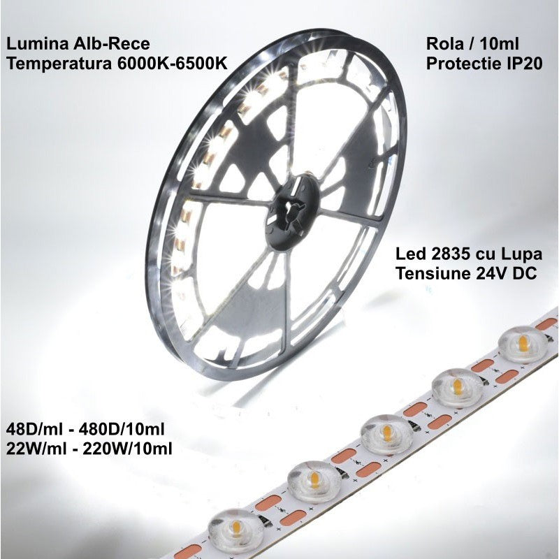 Banda LED 2835 cu lupa 24V, 220W/10m, IP20, lumina alb-rece 6500K, rola 10 metri cu detaliu lentile