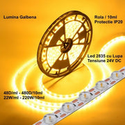 Banda LED 2835 cu lupa 24V, 220W, IP20, lumina galbena, rola 10ml, 48 LED/ml