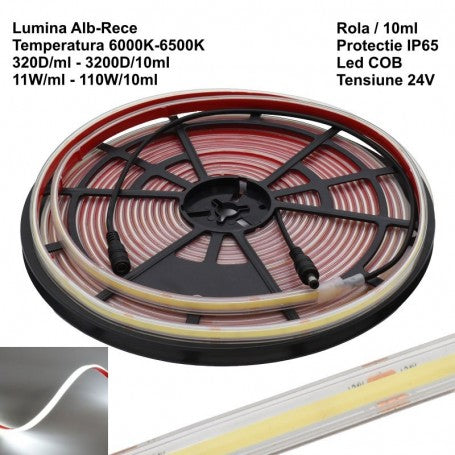 Banda LED COB 320D/m, 24V, IP65, lumina alba rece 6500K, rola 10m, 110W