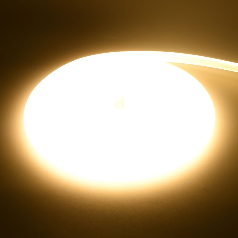 Banda LED COB Neon Flex aprinsa, lumina uniforma alb-cald 3000K fara puncte intunecate