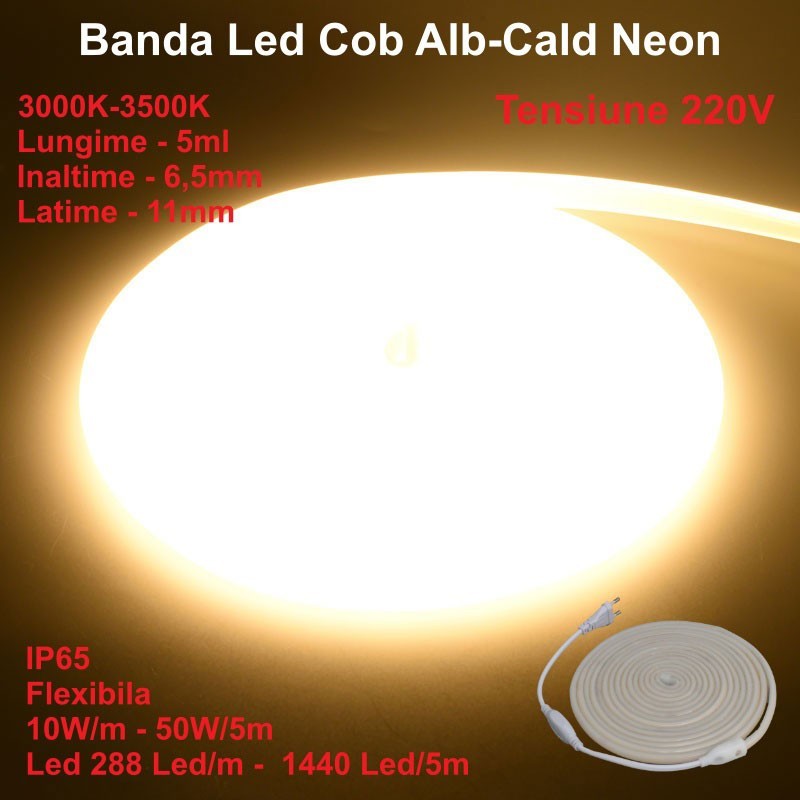 Banda LED COB Neon Flex alb-cald 3000K, 10W/m, IP65, 220V, 288 LED/m, rola 5m flexibila