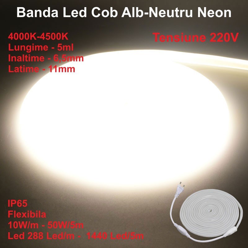 Banda LED COB Neon Flex alb-neutru 4000K, 50W/5m, IP65, 220V, 288 LED/m, rola 5m flexibila