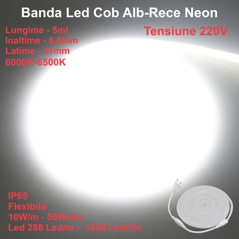 Banda LED COB neon flex 220V alb-rece 6500K, IP65, 10W/m, 288 LED/m, rola 5m