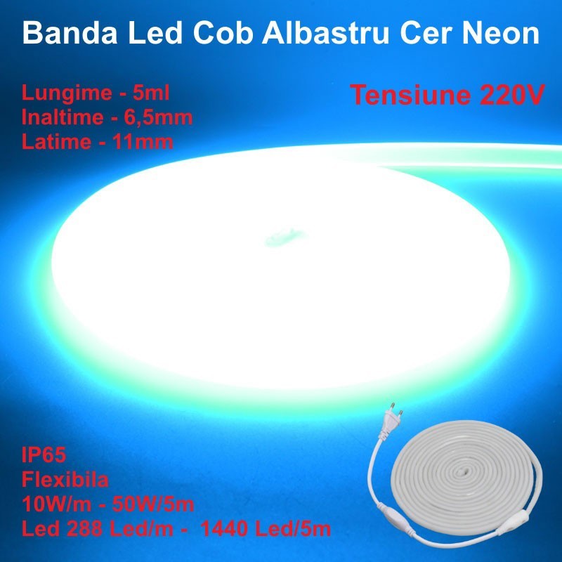 Banda LED COB neon flex albastra 220V, IP65, 10W/m, 288LED/m, rola 5m, profil 11x6.5mm