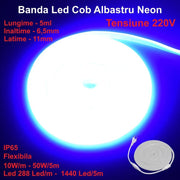 Banda LED COB albastru neon flex 220V, IP65, 10W/m, 288 LED/m, rola 5m cu stecher inclus