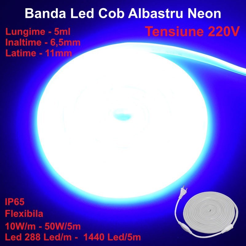 Banda LED COB albastru neon flex 220V, IP65, 10W/m, 288 LED/m, rola 5m cu stecher inclus