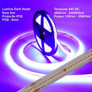 Banda LED COB dark violet 24V, 480D/ml, 11W/ml, IP20, rola 5m, PCB 8mm, lumina violet intensa uniforma