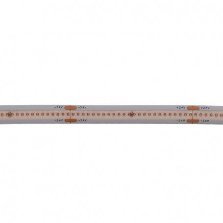 Banda LED COB violet desfasurata, detaliu diode 480D/ml, conexiuni 24V vizibile