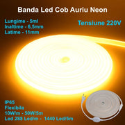 Banda LED COB neon flex auriu 220V, IP65, 50W/rola 5m, 288 LED/m, lumina uniforma continua