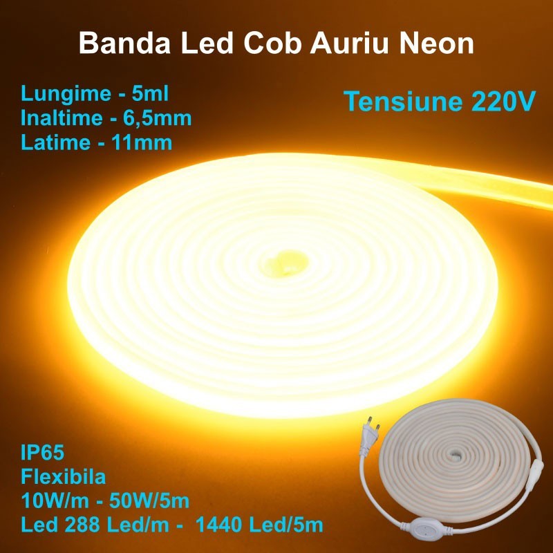 Banda LED COB neon flex auriu 220V, IP65, 50W/rola 5m, 288 LED/m, lumina uniforma continua