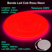 Banda LED COB neon flex rosie 5m, 220V, IP65, 10W/m, 288 LED/m, flexibila, rola rulata