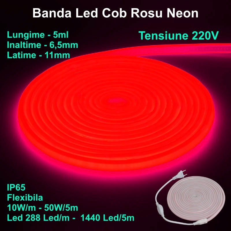 Banda LED COB neon flex rosie 5m, 220V, IP65, 10W/m, 288 LED/m, flexibila, rola rulata