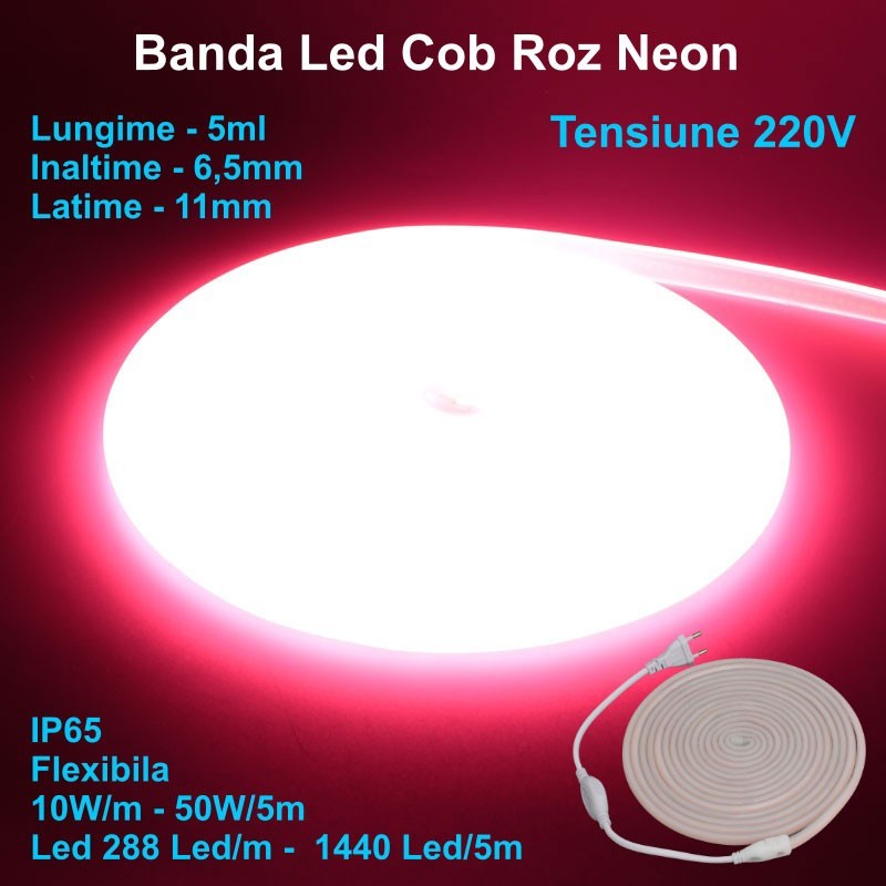 Banda LED COB neon flex roz intens 220V, IP65, 50W/rola, 288 LED/m, lungime 5m
