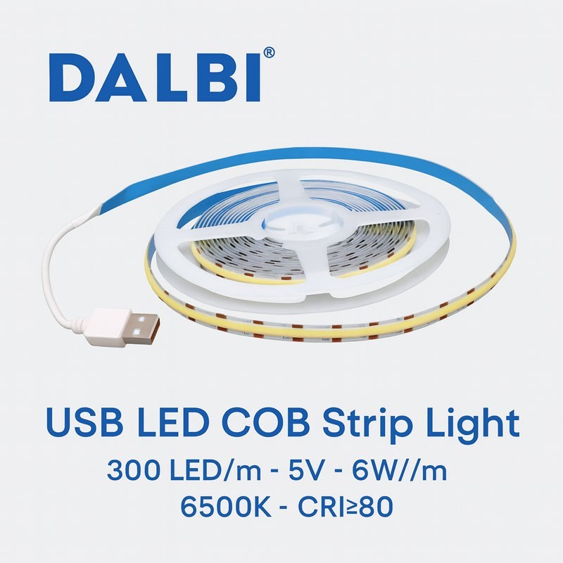 Banda LED COB USB 5V, 6W/ml, 300 LED/ml, lumina alb-rece 6500K, CRI80, interior IP20, rola 5m