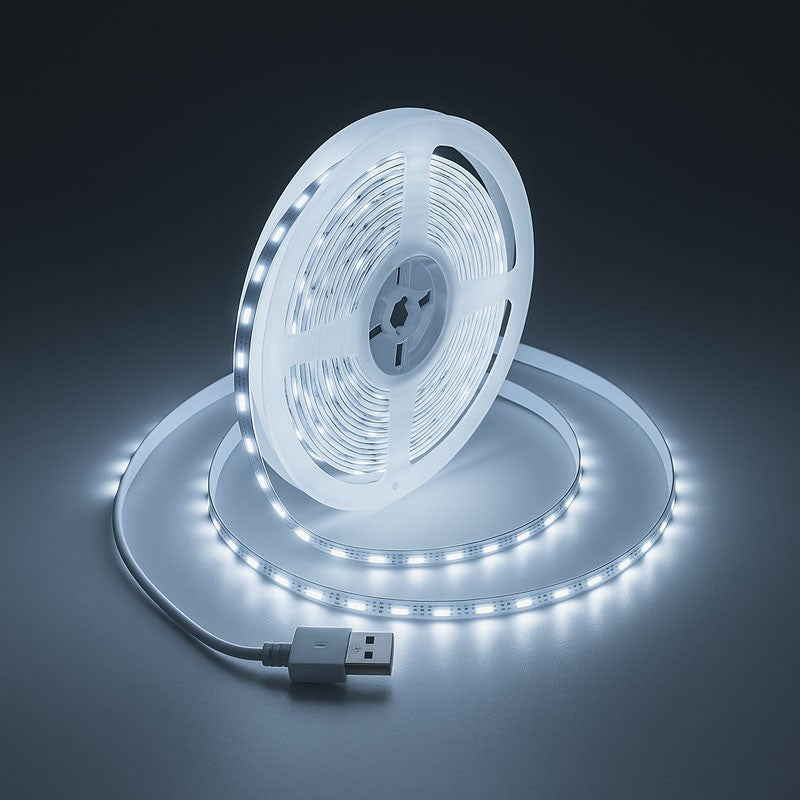 Banda LED COB USB aprinsa, lumina alb-rece intensa, desfasurata pe suprafata