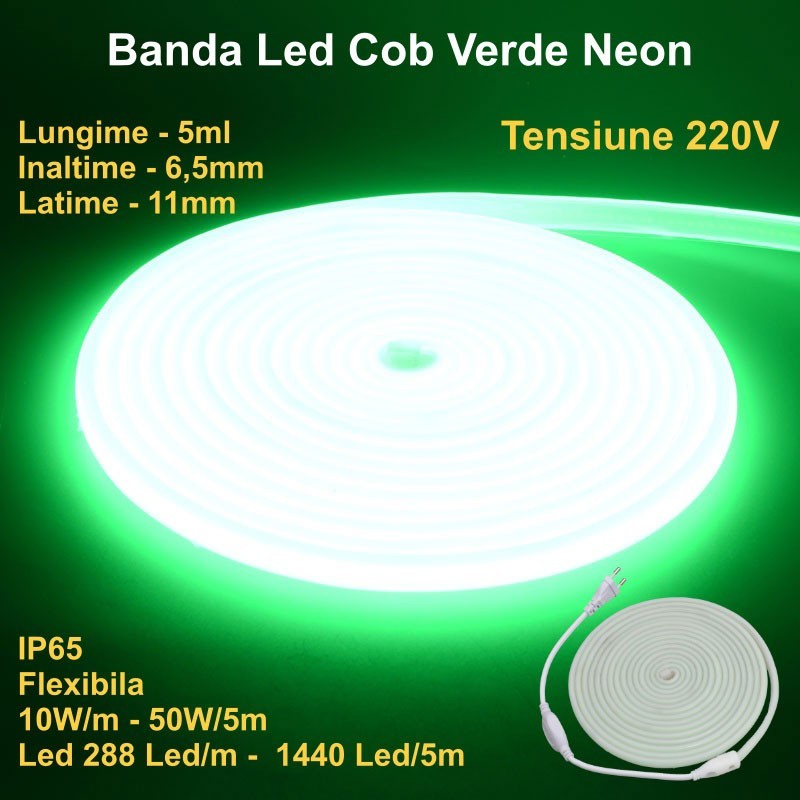 Banda LED COB verde neon flex 220V, IP65, 10W/m, 288 LED/m, rola 5m, flexibila pentru interior si exterior