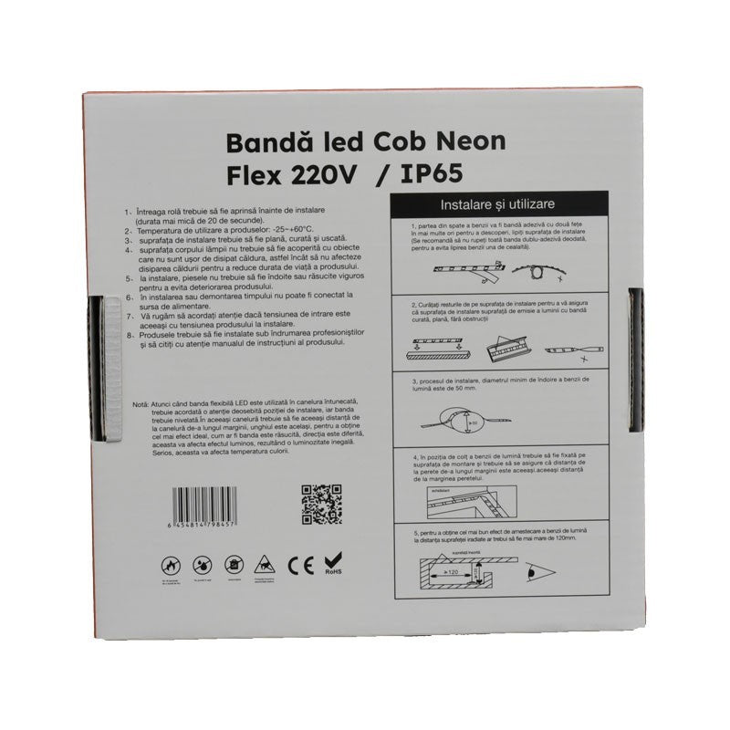 Banda LED COB neon flex 220V IP65 - instructiuni de instalare si utilizare pe ambalaj