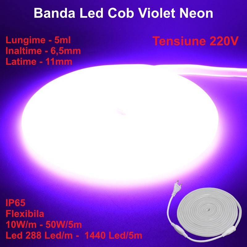 Banda LED COB violet neon flex 220V, IP65, 50W/rola 5m, 288 LED/m, flexibila, cu stecker inclus