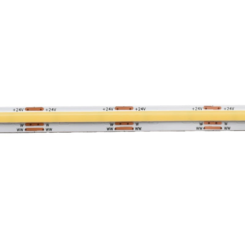 Detaliu banda LED COB 8mm, conexiuni 24V si puncte de taiere vizibile clar