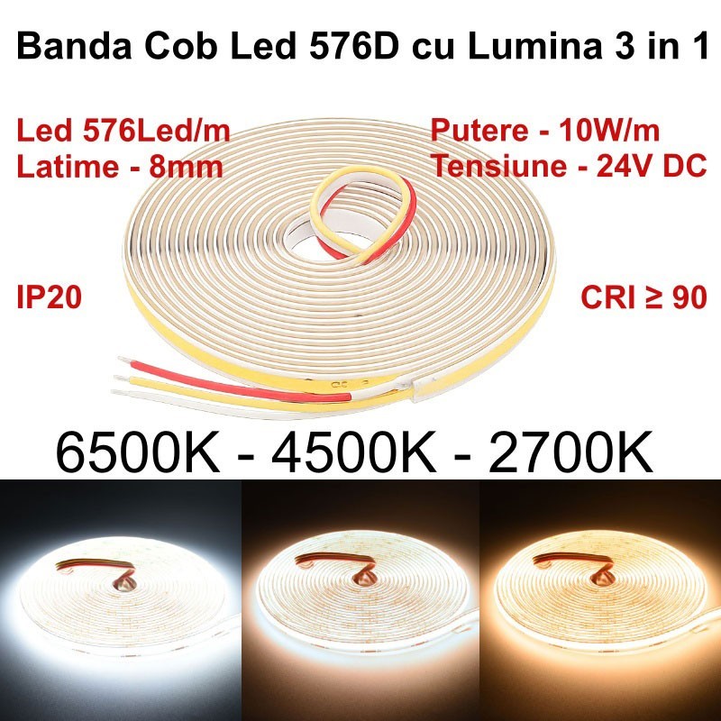 Banda LED COB 576D/m, 10W/m, 24V, IP20, CRI 90, trei temperaturi culoare 2700K-4500K-6500K