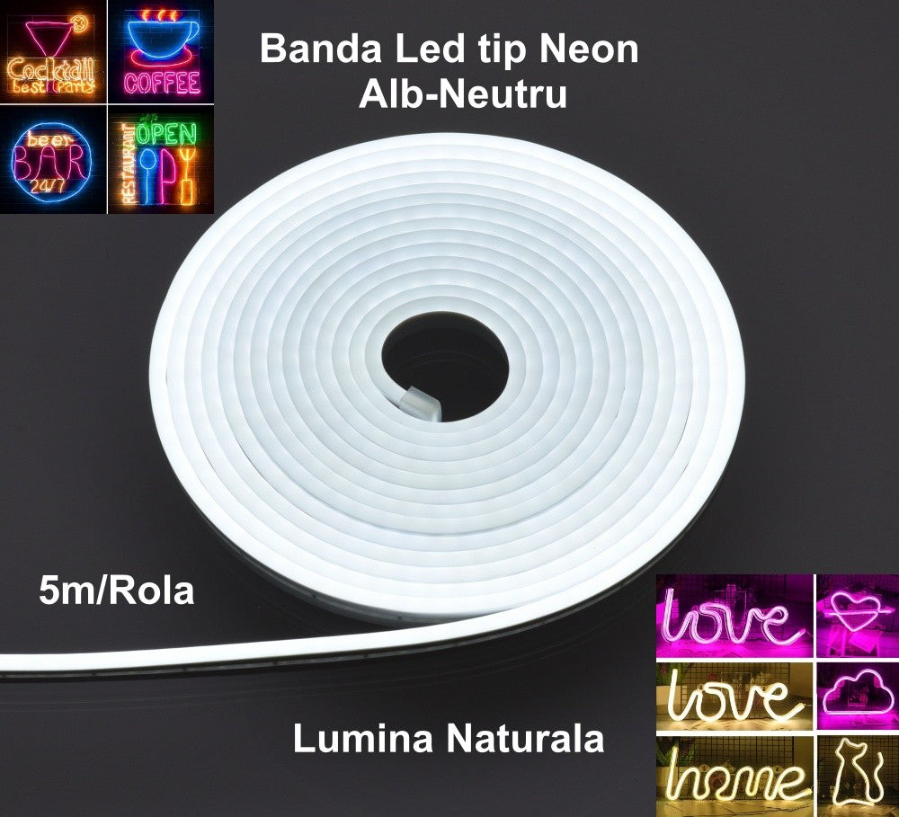 Banda LED neon flexibil 5m per rola, lumina naturala 4000K-4500K, aplicatii decorative diverse