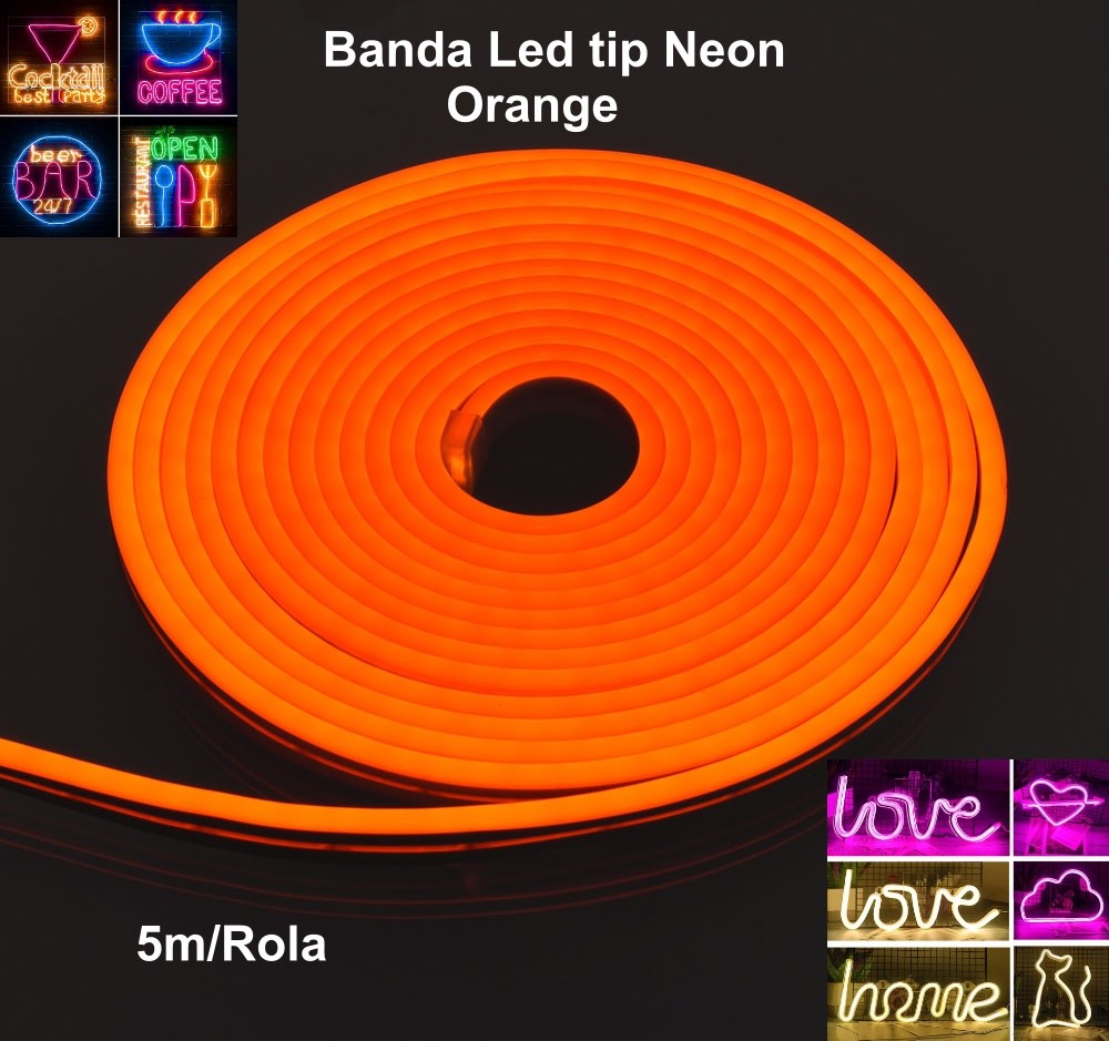 Banda LED neon flexibil orange 5m rola, 12V, cu exemple de aplicatii decorative si comerciale