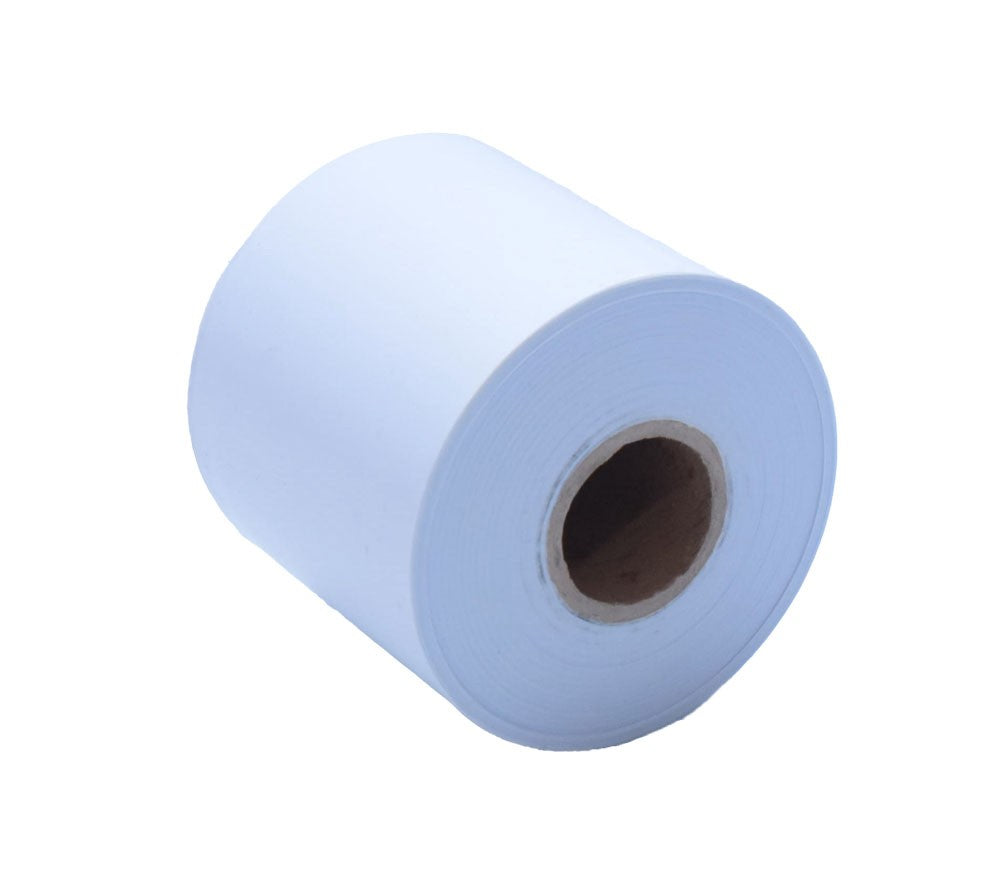 Rola banda PVC matisat alba, vedere din lateral cu miez carton vizibil