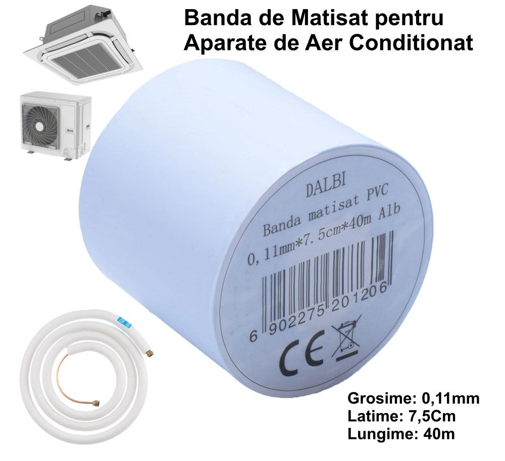 Banda matisat PVC alba pentru izolat tevi aer conditionat, grosime 0,11 mm, 40 m lungime