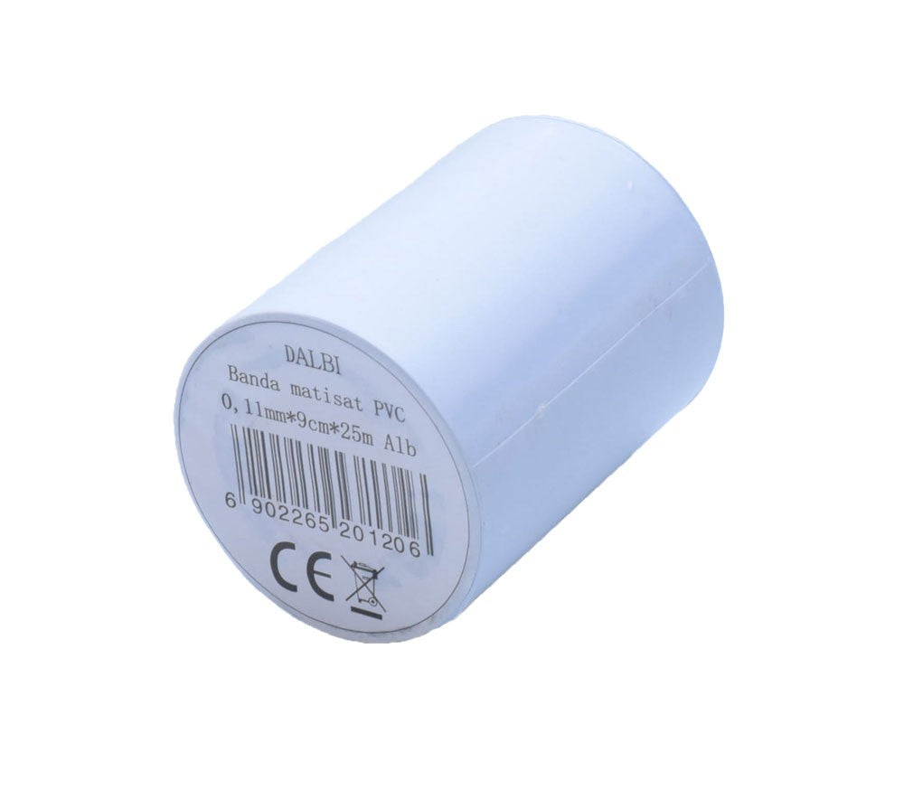 Banda matisat PVC, vedere capac eticheta CE si cod de bare, 0,11mm grosime, 25m