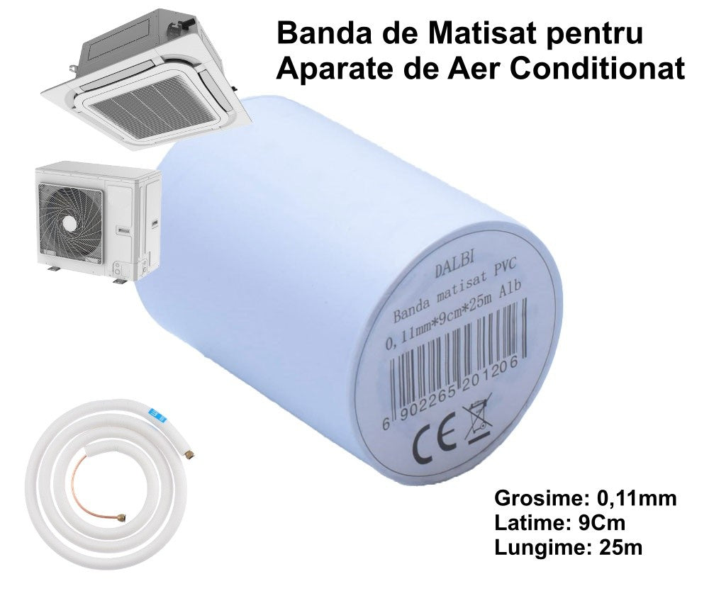 Banda matisat PVC alba 9cm x 25m pentru tevi aer conditionat si instalatii frigorifice, 0,11mm