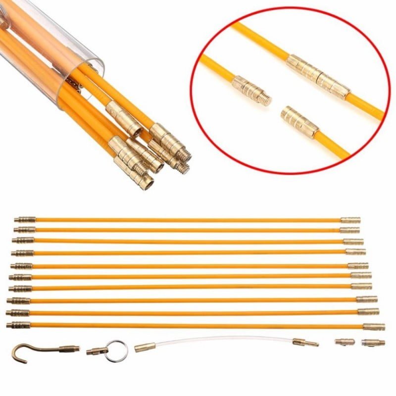 Set tragator cablu fibra de sticla 10m, 10 segmente de 1m cu conectori filetati din alama si 5 accesorii incluse