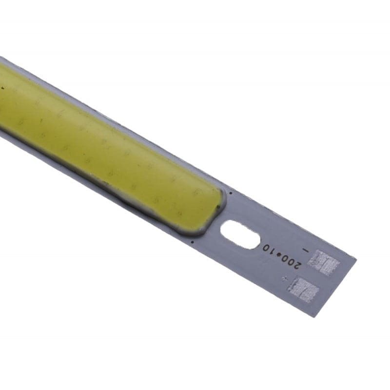 Bara LED COB 200x10mm, detaliu chip COB si gaura de montaj pe suport aluminiu