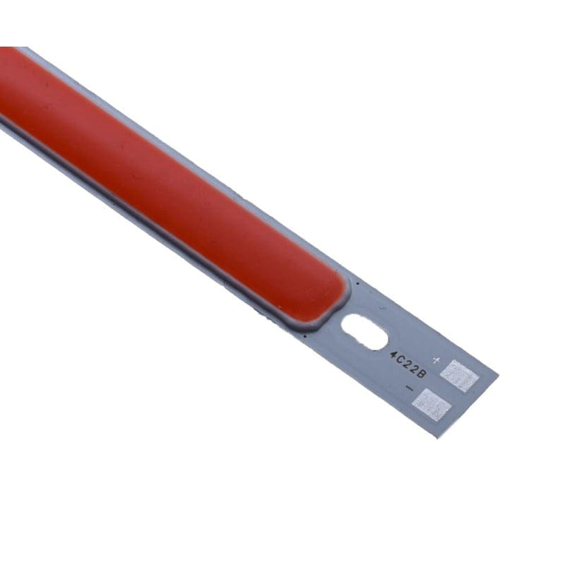 Bara LED COB rosie - detaliu capAt cu pad-uri de contact plus si minus pe substrat aluminiu