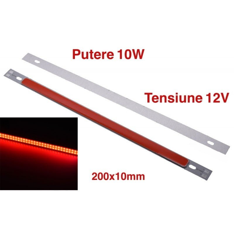 Bara LED COB rosie 10W, 12V, dimensiuni 200x10mm - produs aprins si stins comparativ