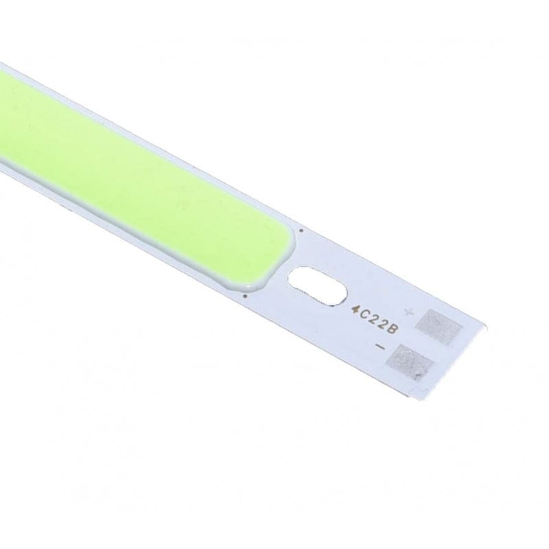 Bara COB LED verde cu substrat aluminiu, detaliu pad-uri contact plus si minus, format compact 200x10mm