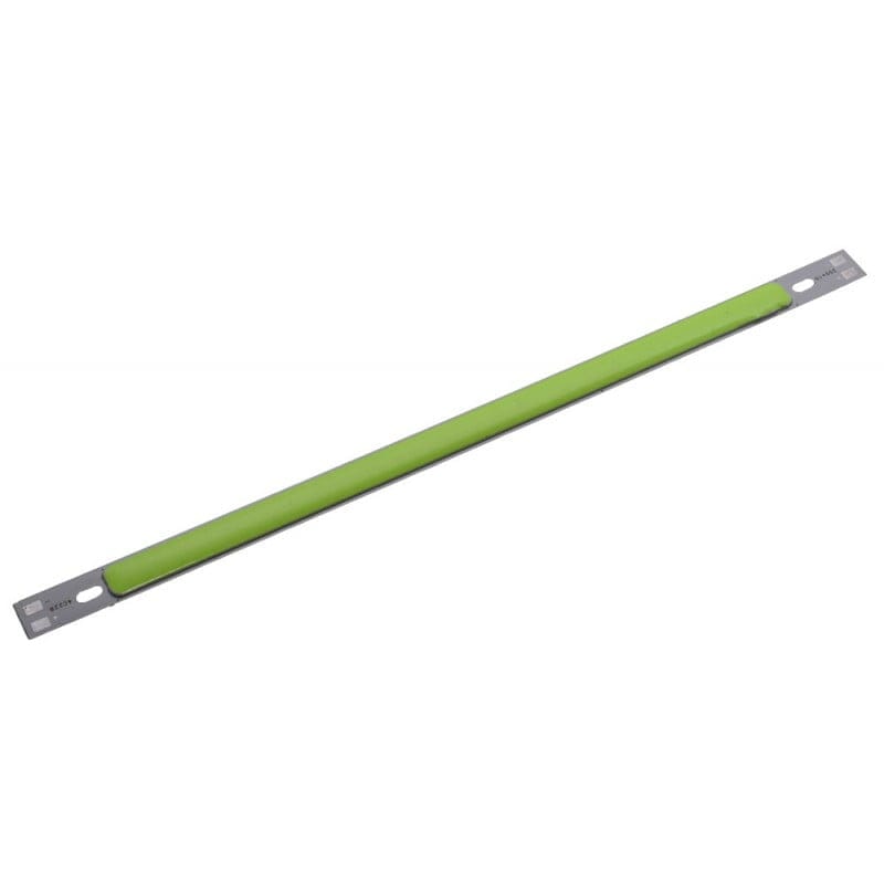 Bara COB LED verde 200mm, unghi vedere lateral, orificii prindere mecanica vizibile pe suport aluminiu