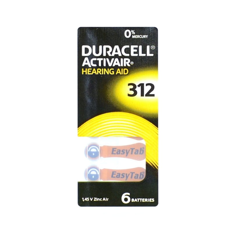 Baterii auditive zinc-air tip 312, 1.45V, set 6 bucati, fara mercur, cu sistem EasyTab pentru montare usoara